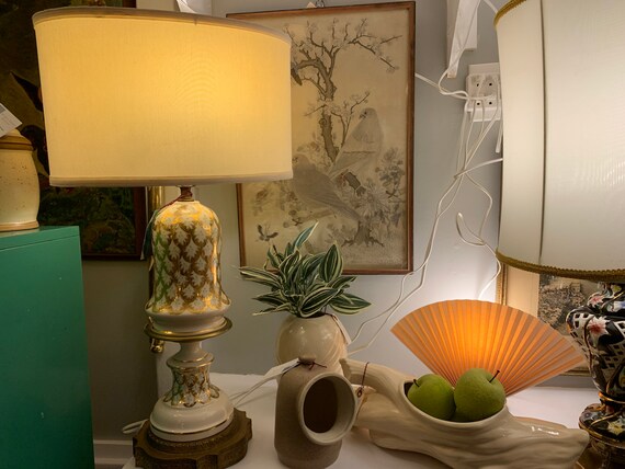 Antique Cream and Gold Tall Ceramic Lamp With Brass Base Etsy