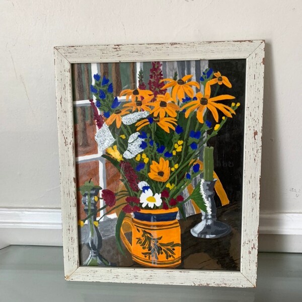 Vintage Bright Floral Still Life Painting in White Wood Frame