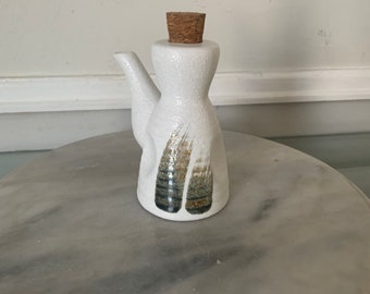 Vintage 1970s White Pottery Oil Cruet with Cork Top