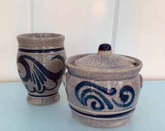 Pair of Small Vintage Salt Glazed Stoneware Cobalt Blue & Gray Cup and Sugar Bowl