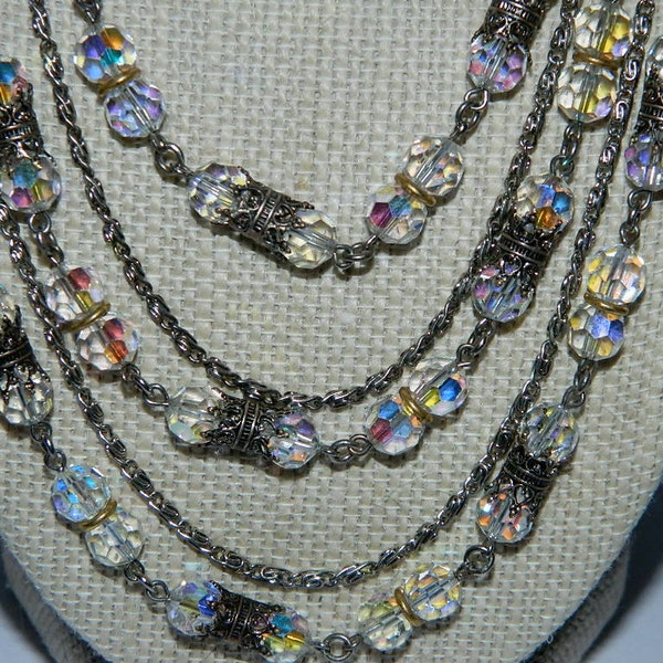 Vintage Aurora Borealis Crystal & Silver Chain Bib Necklace