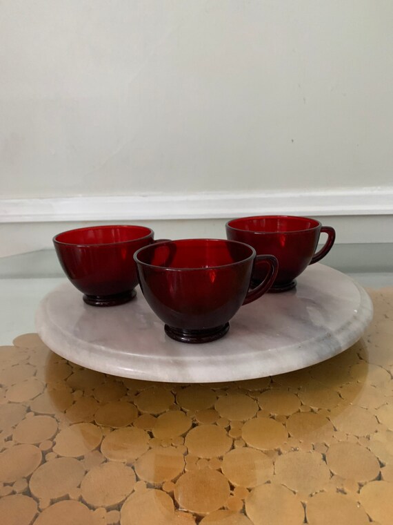 Set of 3 Vintage Clear Red Glass Tea Cups Etsy