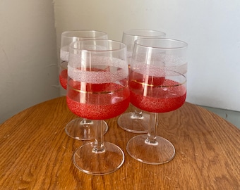Vintage Set of 4 MCM Textured Tomato Red and White Wine Glasses with Gold Band