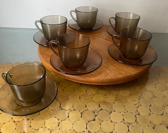 Set of 6 Vintage Smokey Brown Glass Cups & Saucers Made in France