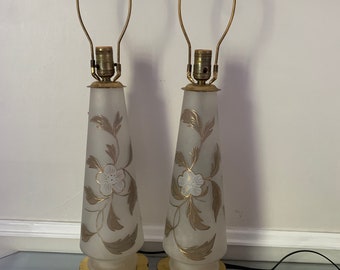 Pair of Tall Vintage Frosted Glass Table Lamps with Painted Flowers