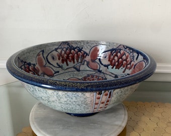 Huge Hand Made Scott Barnim Pottery Bowl with Koi Pattern Made in Canada