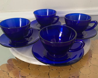 Set of 4 Vintage Cobalt Blue GlassTeacup & Saucer