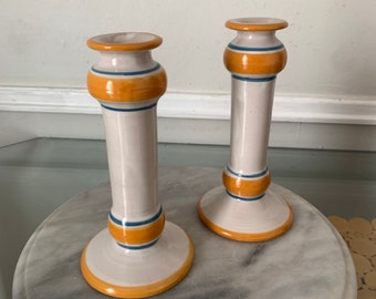Pair of Hand Painted Ceramic Candlestick Holders with Yellow and Blue Stripes