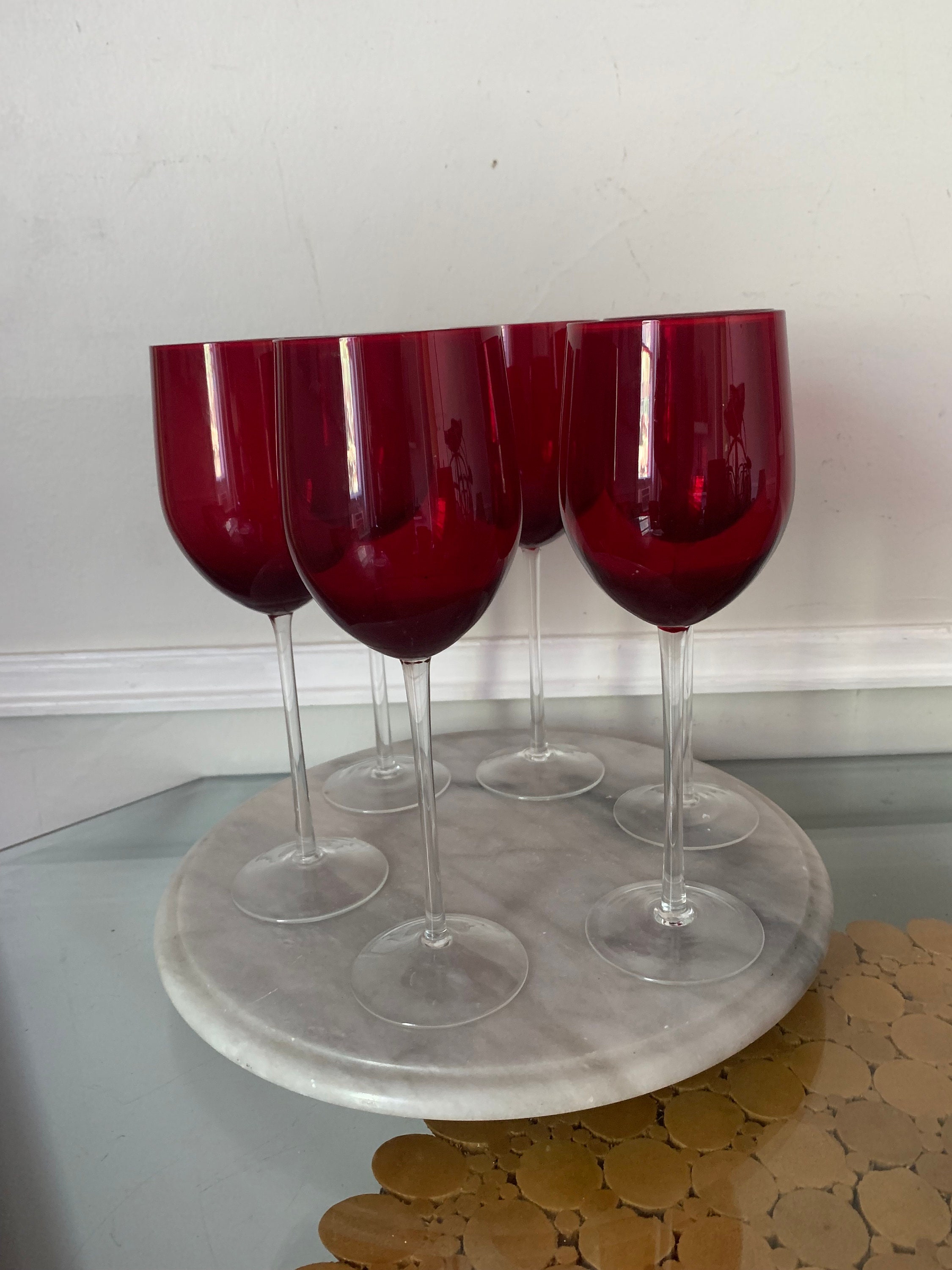Vintage Tall Red Ribbed Large Bowl Wine Glasses Clear Stem Set of 2 