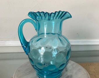 Vintage Blue Glass Coin Spot Pitcher with Crimped Top