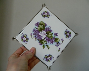 Vintage Purple Flower Ceramic Trivet Made in Italy