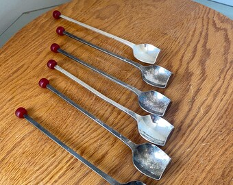 Vintage Set of 6 Barker Bros Silver Plated Muddler Spoons with Cherry Red Tops Made in England