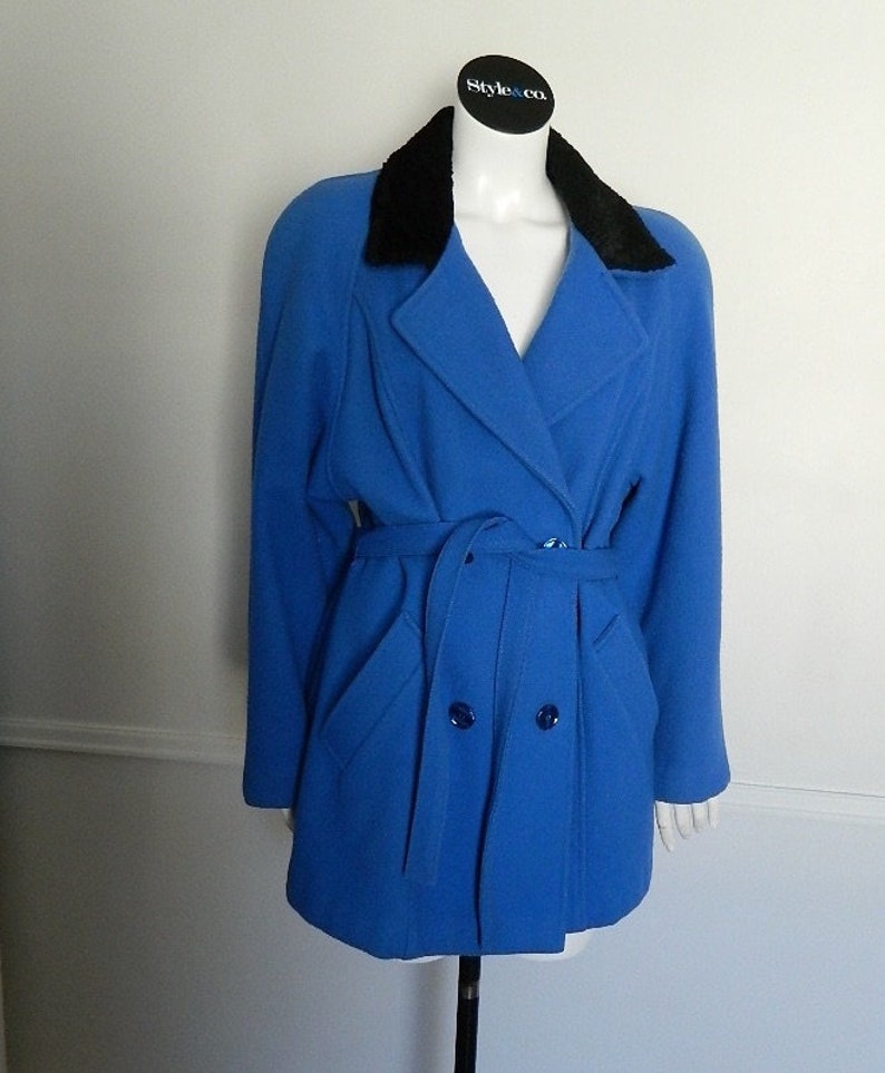 Retro Periwinkle Pure Short Double Breasted Ladies Wool Belted Coat Size Medium