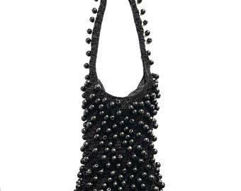 Vintage Black Wood Beaded Crochet Shoulder Bag Y2K Boho Festival Slouchy Purse