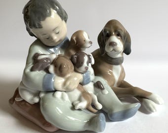 Vtg Lladro New Playmates 5456 Antonio Ramos Boy With Puppies Dog Figurine Spain