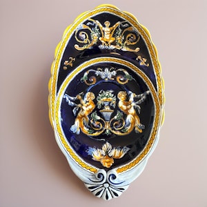 Vtg Gien France Fond Blue Hand Painted Stand Plate Platter Faience Earthenware