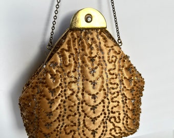 Vintage K&G Charlet Paris New York Gold Beaded Satin Handbag Purse Clutch Chain