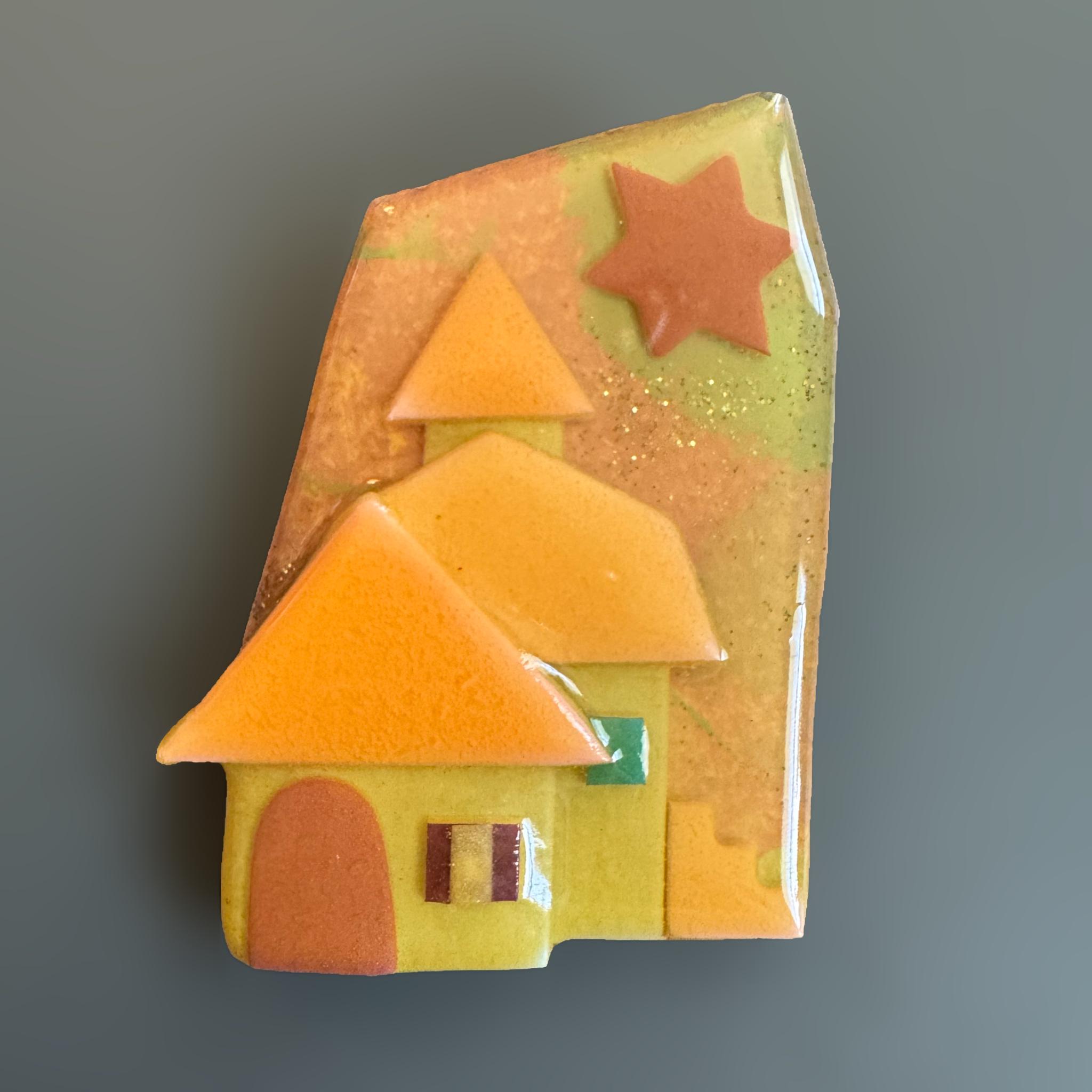 House Pins by Lucinda Brooch 3D Artisan Kitsch Glitter Orange