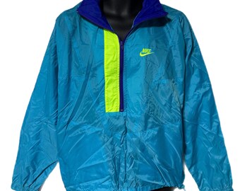 Vintage Nike Gray Tag Teal Blue & Neon Yellow Pullover Windbreaker Jacket M FLAW