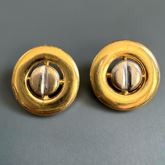 Vtg Round Two Tone Rivet Button Stud Earrings Gol… - image 1