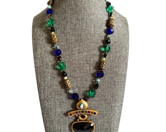 Vtg Chico’s Egyptian Revival Art Deco Pendant Amulet Necklace Jewel Tone Boho