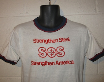 Vintage 80s Strengthen Steel Strengthen America SOS Ringer T-Shirt Fits Small