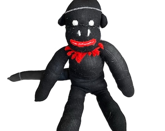 Mono de peluche vintage hecho a mano, de nailon negro y rojo, juguete coleccionable