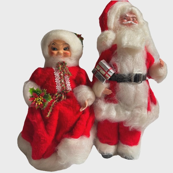 Vintage MCM Handmade 1960s Santa & Mrs Claus Plastic Face Figures