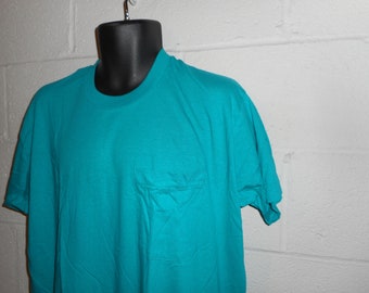 Vintage 80s Fruit of the Loom Teal Selvedge Single Stitch Pocket Blank T-Shirt XL