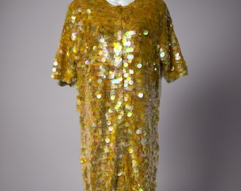 Norma Kamali Iridescent Paillette Sequined Yellow Knit Sweater Dress S Party NWT