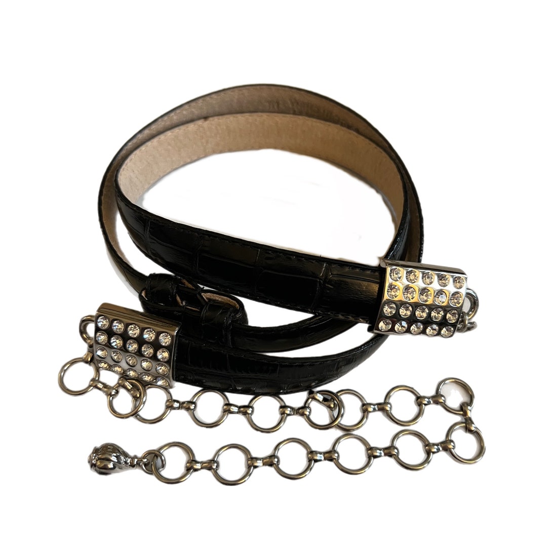 Vintage Black Mock Croc Leather Silver Tone Rhinestone Metal  display picture 2
