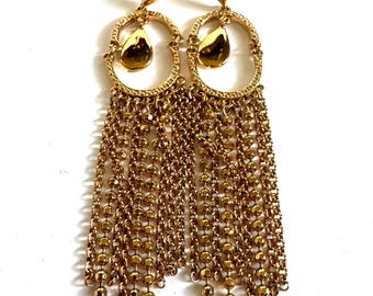 Vtg Monet Gold Tone Tassel Fringe Dangle Earrings Teardrop Statement Glam Disco