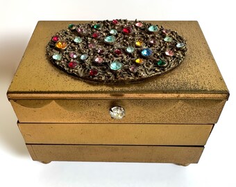 Vtg Brass Accordion Cantilever Jewelry Box Jeweled Rhinestone Hollywood Regency