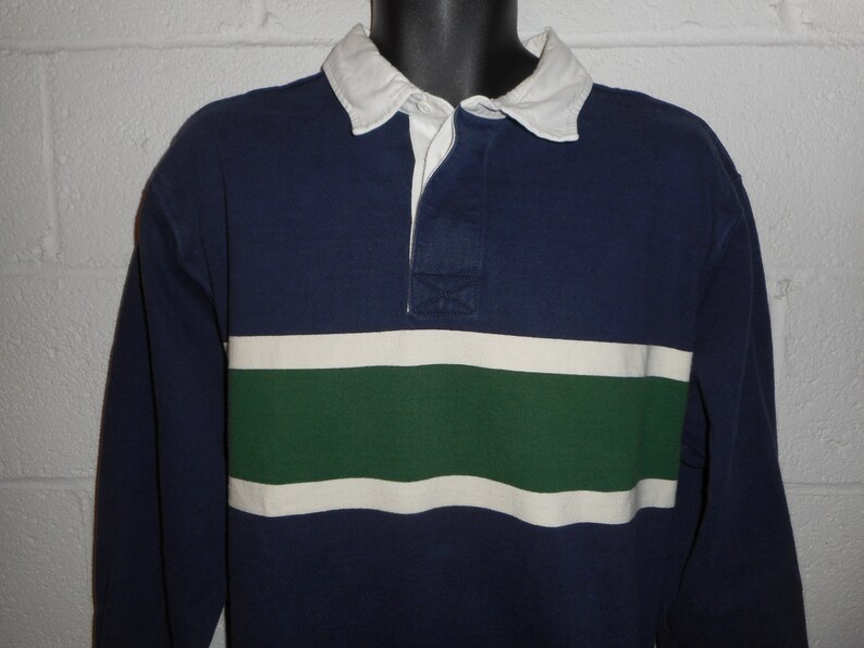 Vintage L Bean Blue Green Beige Stripe Polo Rugby Shirt L Bean Blue Green Beige Stripe Polo