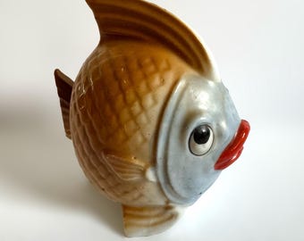 Vintage Anthropomorphic Angel Fish Coin Bank Ceramic MCM Kitsch Big Eye Decor
