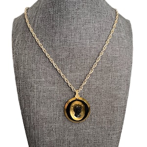 Vintage Gold Tone Black Glass Cameo Necklace Acrylic Costume Estate
