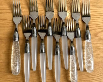 Vtg Lucite Bubble Frosted Handle Fork Set 10 Clear Acrylic Coastal Contemporary
