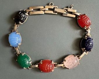 Vintage Egyptian Revival Scarab Bracelet Carved Stone Cabochons Silver Tone