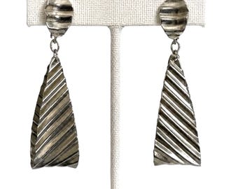 Vintage Napier Folded Silver Tone Modernist Dangle Clip Earrings MCM Statement