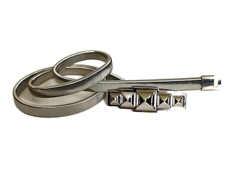 Vintage Art Deco Silver Metal Coil Stretch Belt Pyramid Stud Buckle S/M 30"