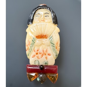 Vintage Carved Celluloid Asian Geisha Brooch 28g Large Figural Pin Early Plastic