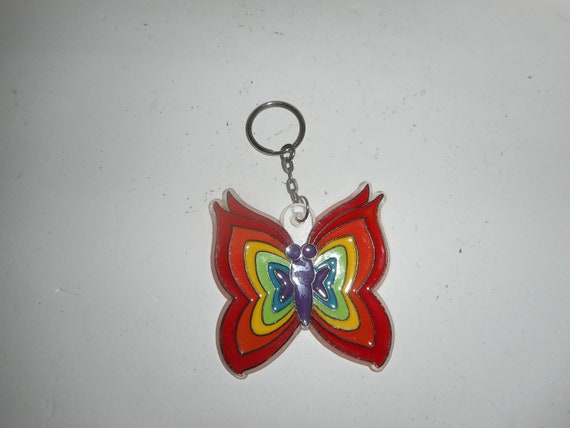 Vintage 70s 80s Rainbow Butterfly Plastic Keychain - image 2