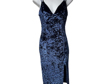 Vintage Y2K Navy Blue Crushed Velvet Babydoll Slip Dress Front Slit S Xtaren