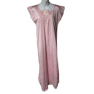 Vintage Pink Satin Floral Flutter Sleeve Lace Trim Nightgown Slip Dress M