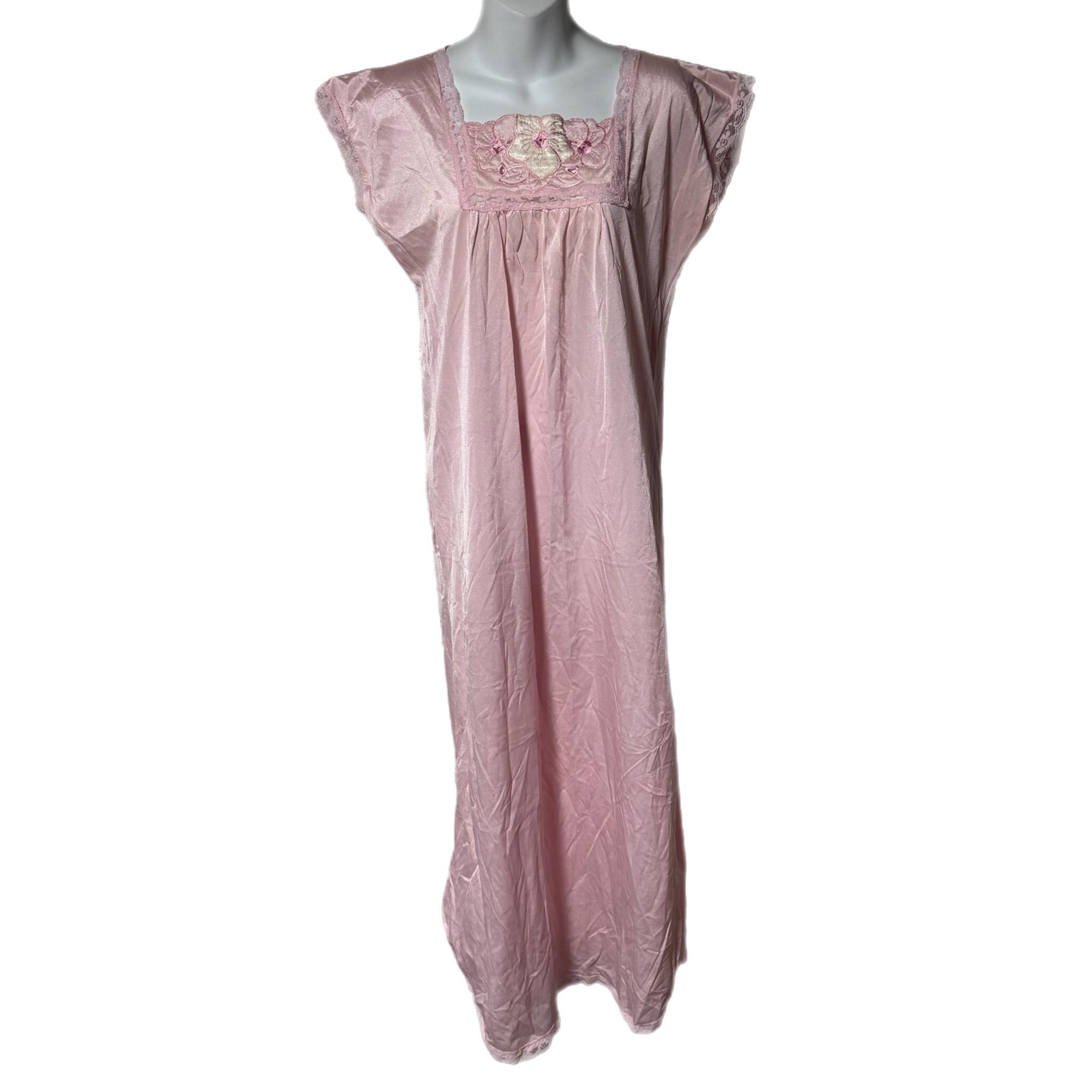 Vintage Pink Satin Floral Flutter Sleeve Lace Trim Nightgown Slip Dress M