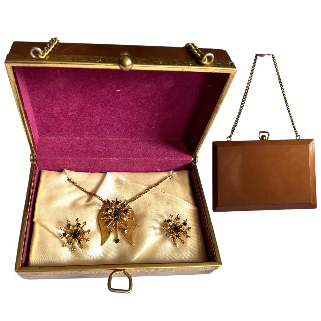 Mid Century Gold Tone Atomic Jewelry Set Hard Case Purse Earrings ...