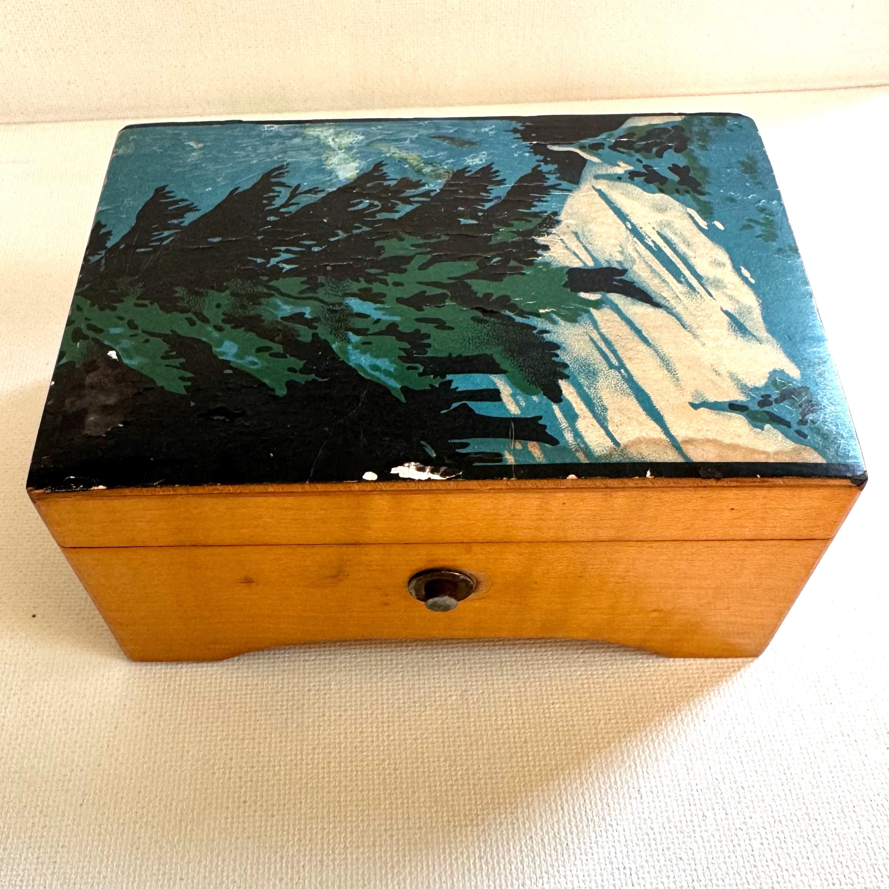 Vintage Swiss Wood Music Box Painted Forest Scene Lador Movement
