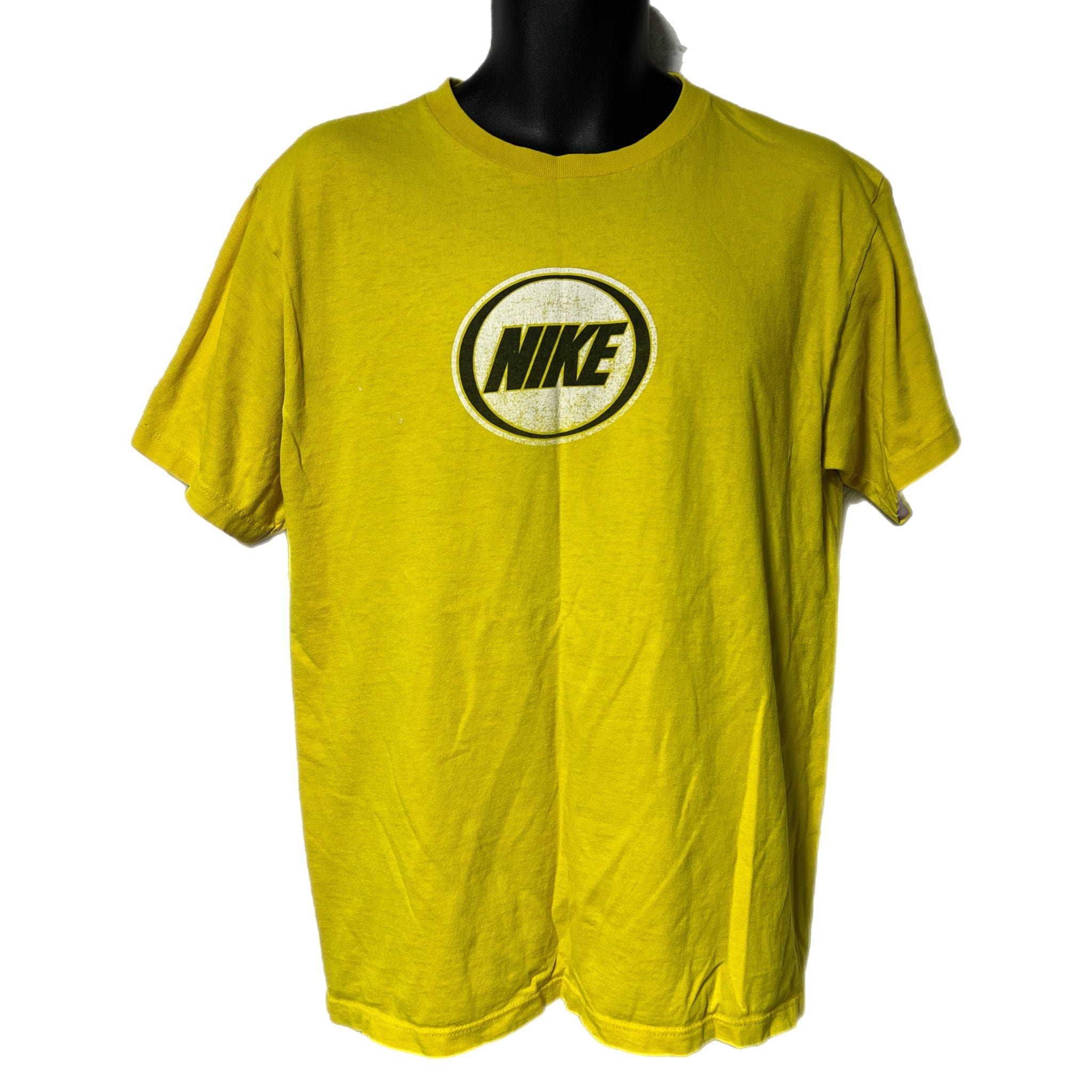 Vintage Nike Yellow Double Sided Tee Shirt M Center Swoosh Y2K