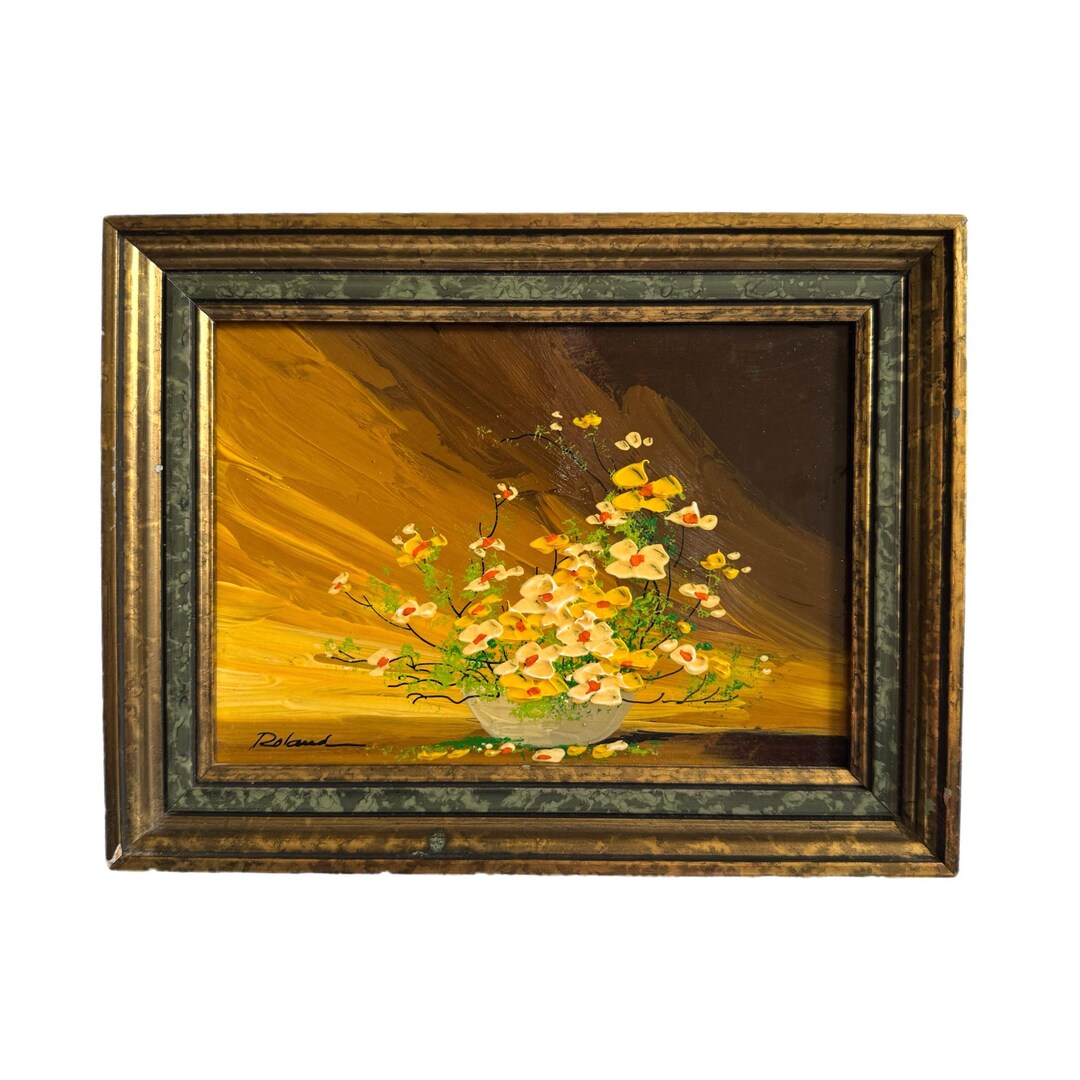 Vintage Floral Still Life Oil Painting Signed Roland Impasto Gold Frame ...