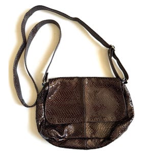 Vtg Brown Bronze Genuine Leather Snakeskin Reptile Crossbody Bag Purse Mexico